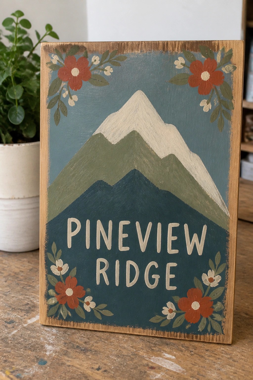 Hand-painted wooden sign with green mountains, white peaks, red flowers, and Pineview Ridge text