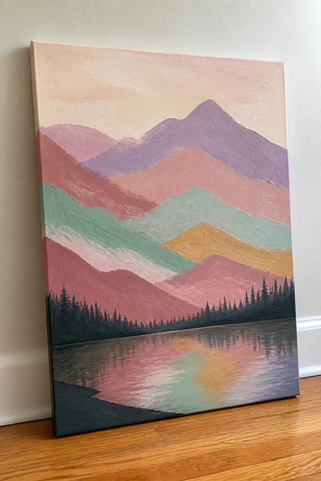 Colorful layered mountain landscape painting reflected in lake with pine trees