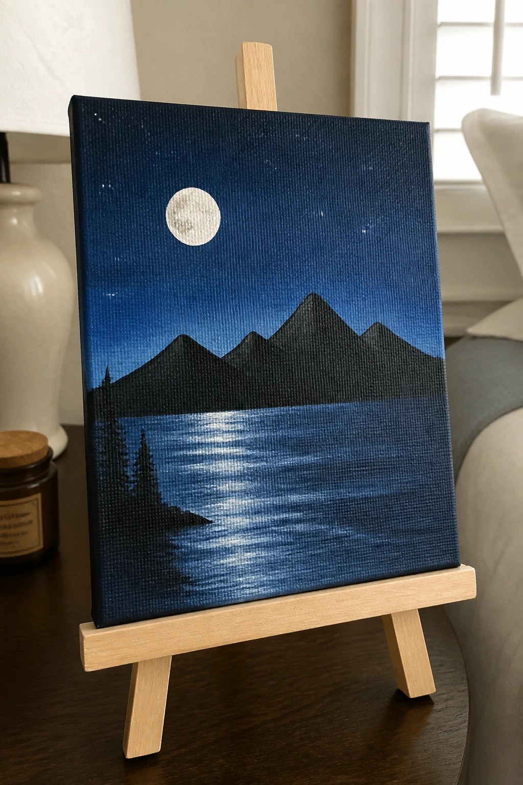 Canvas on easel with moonlit mountains reflected in starry blue lake at night