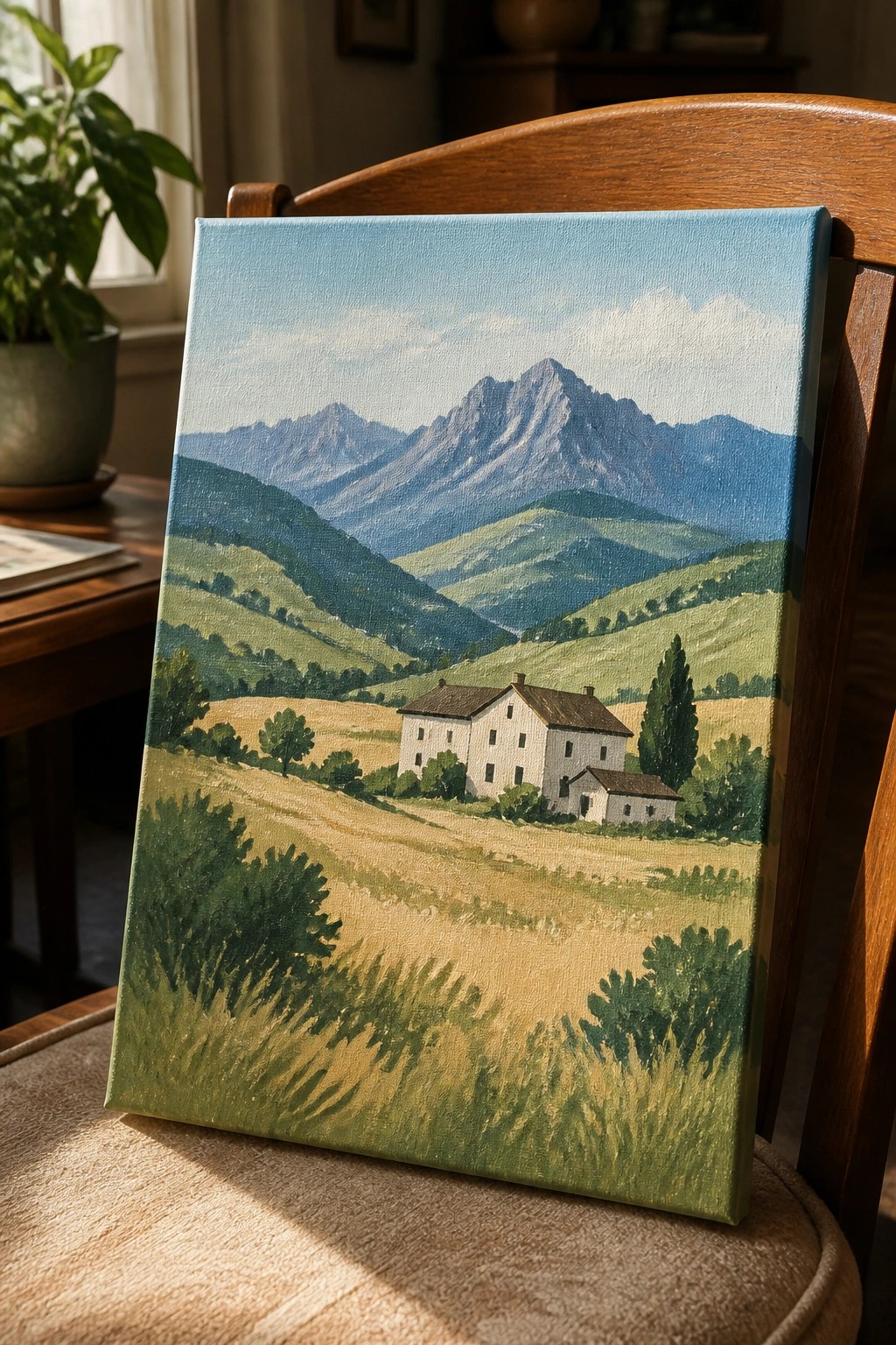 Canvas painting of white farmhouse amid green hills and mountains on wooden chair