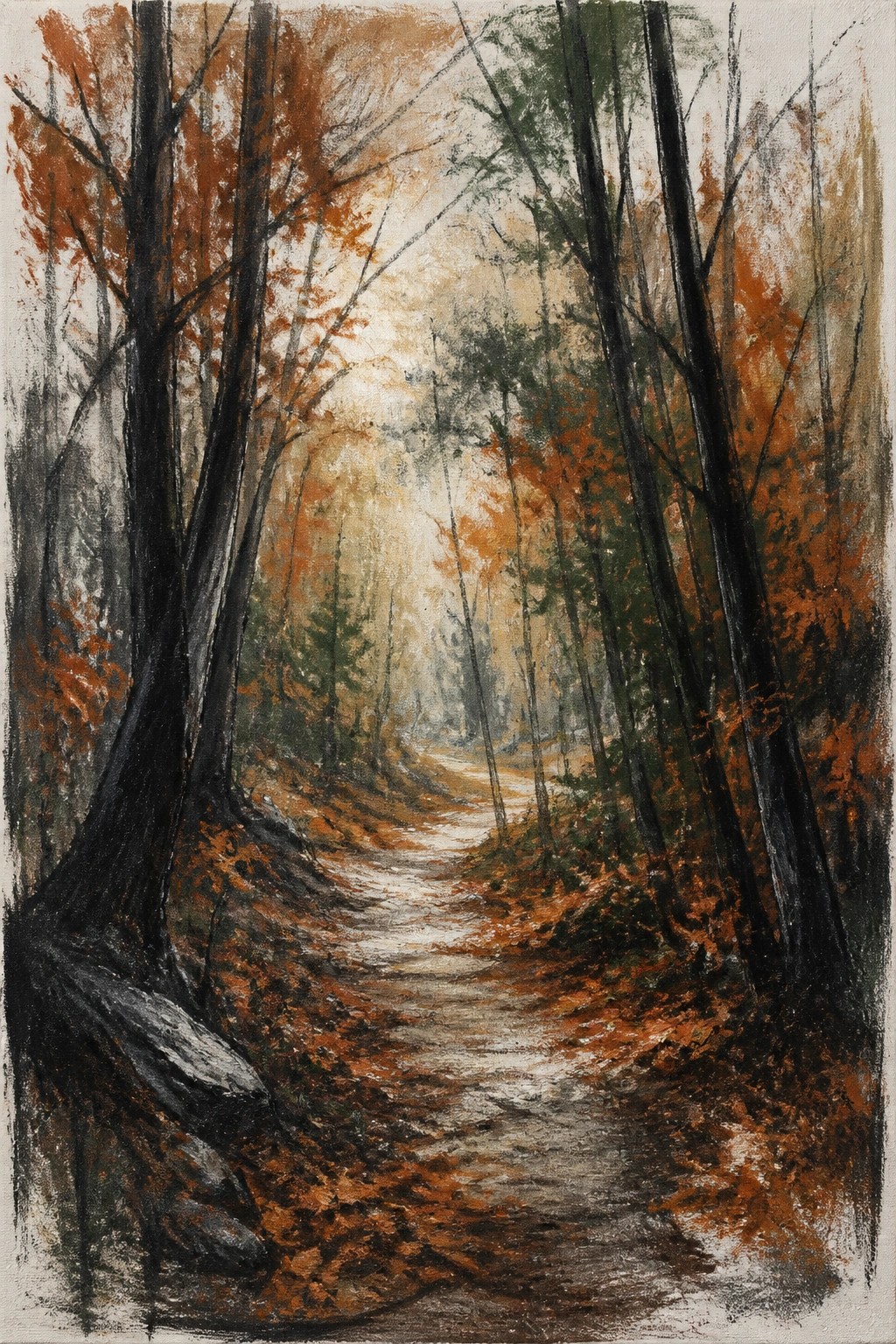 A painting of a winding path through an autumn forest with tall dark trees orange leaves on the ground and misty light filtering through the canopy