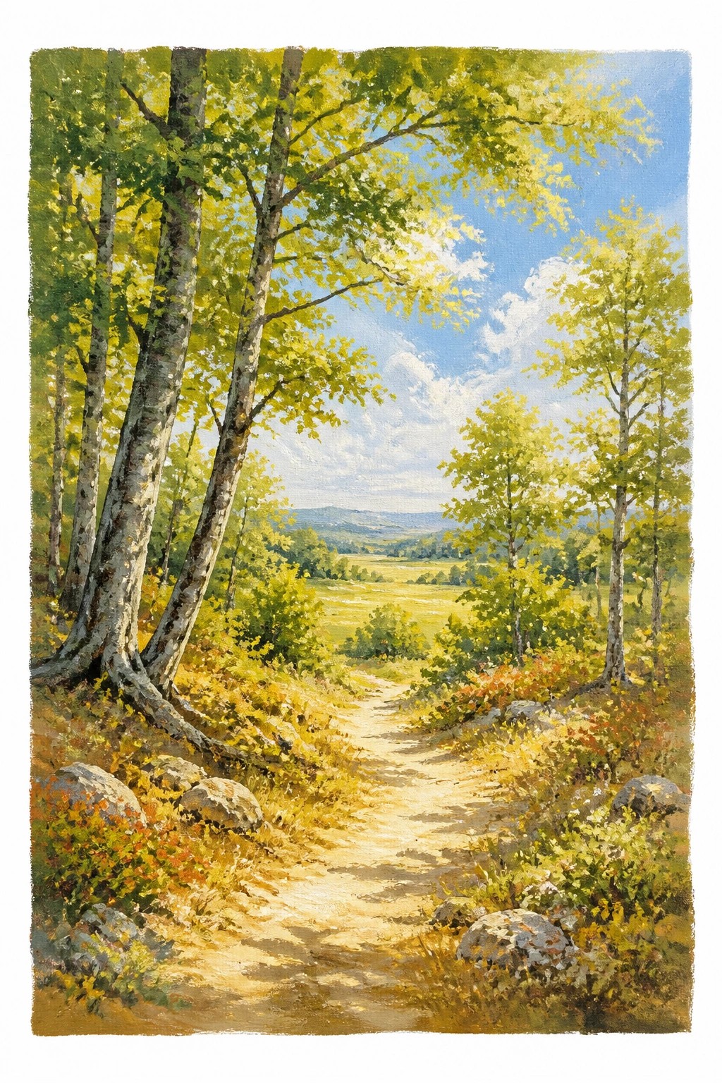 A realistic oil painting of a sunlit dirt path winding through birch trees with white bark and green leaves leading toward open fields under a blue sky with clouds.