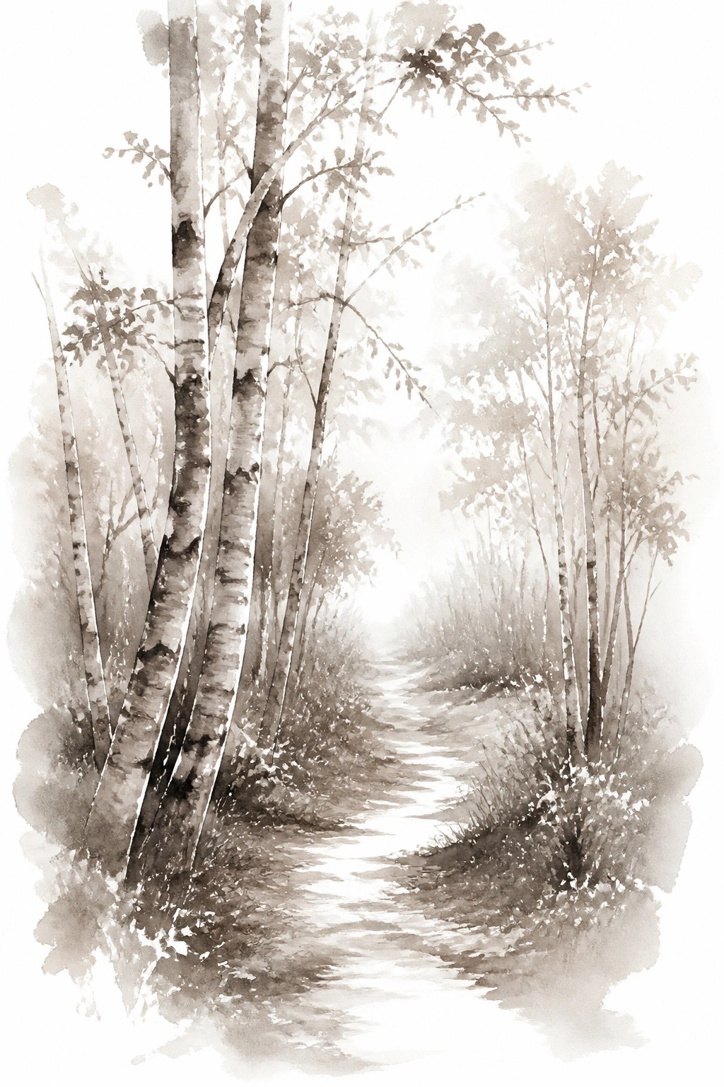 Watercolor painting of a winding forest path lined with birch trees, soft light glowing ahead through the mist.