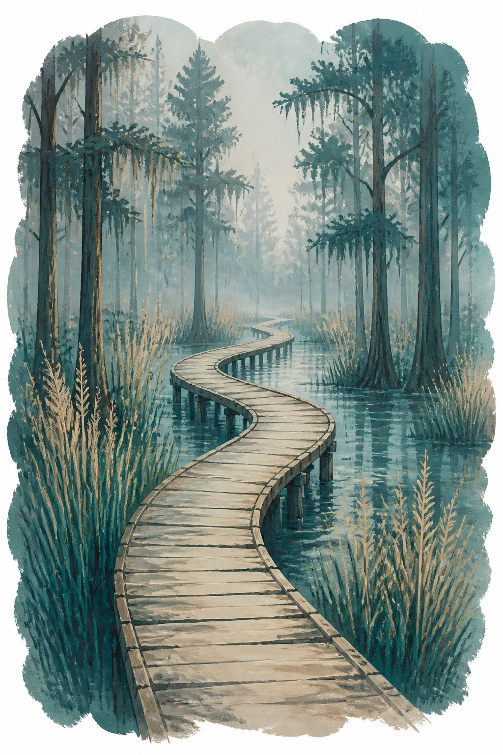 A curving wooden boardwalk through misty swamp waters surrounded by tall cypress trees with hanging moss and golden reeds