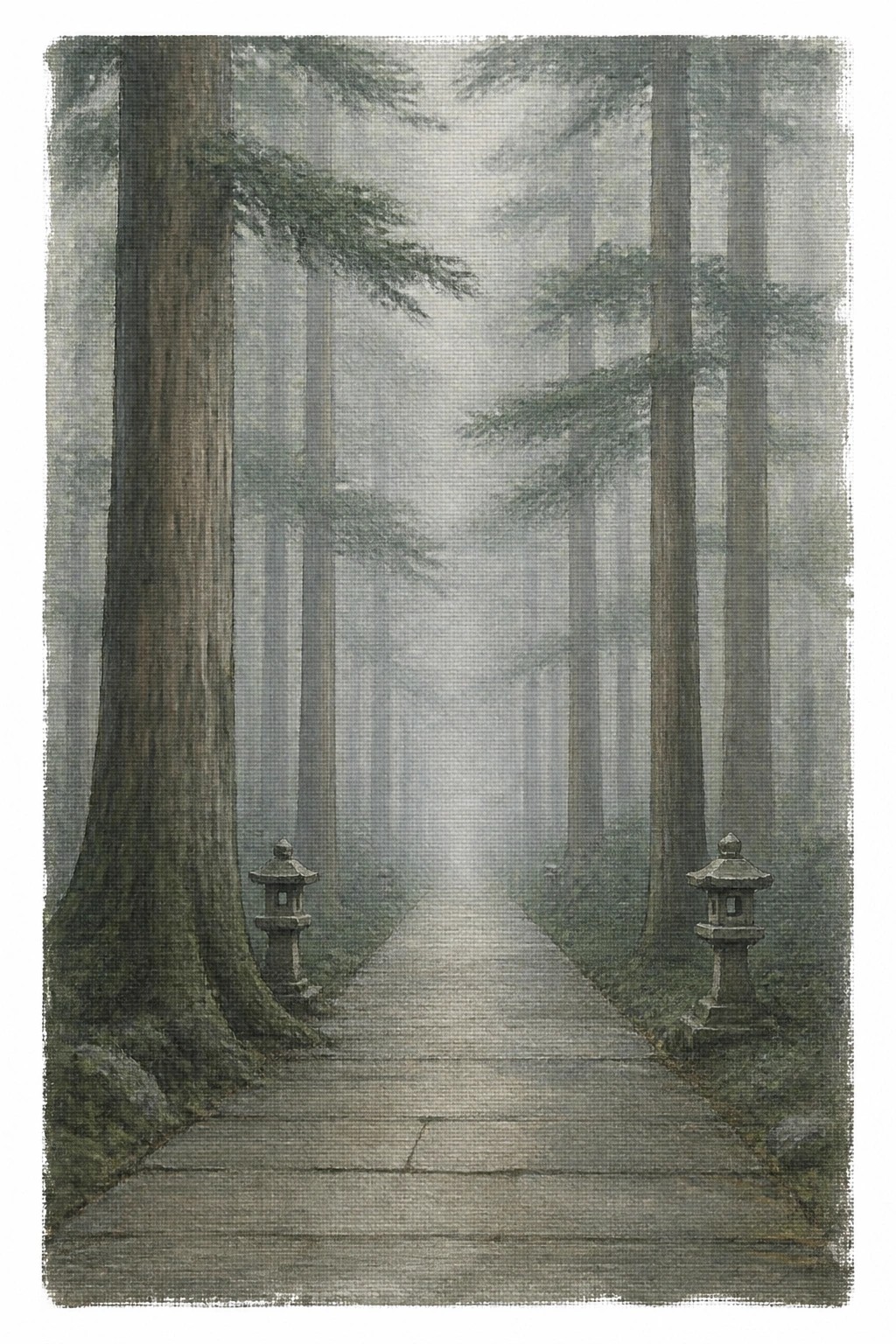 A misty forest scene with a wooden path flanked by tall trees and two stone lanterns on either side fading into fog.