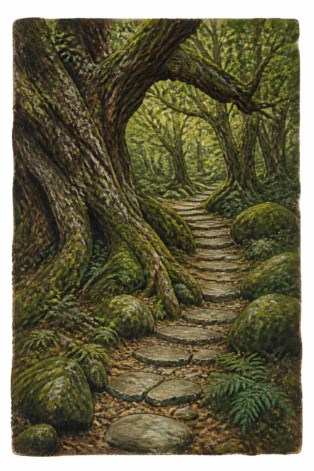 A realistic oil painting of a stone pathway winding through a lush green forest with moss covered tree trunks and rocks on both sides.