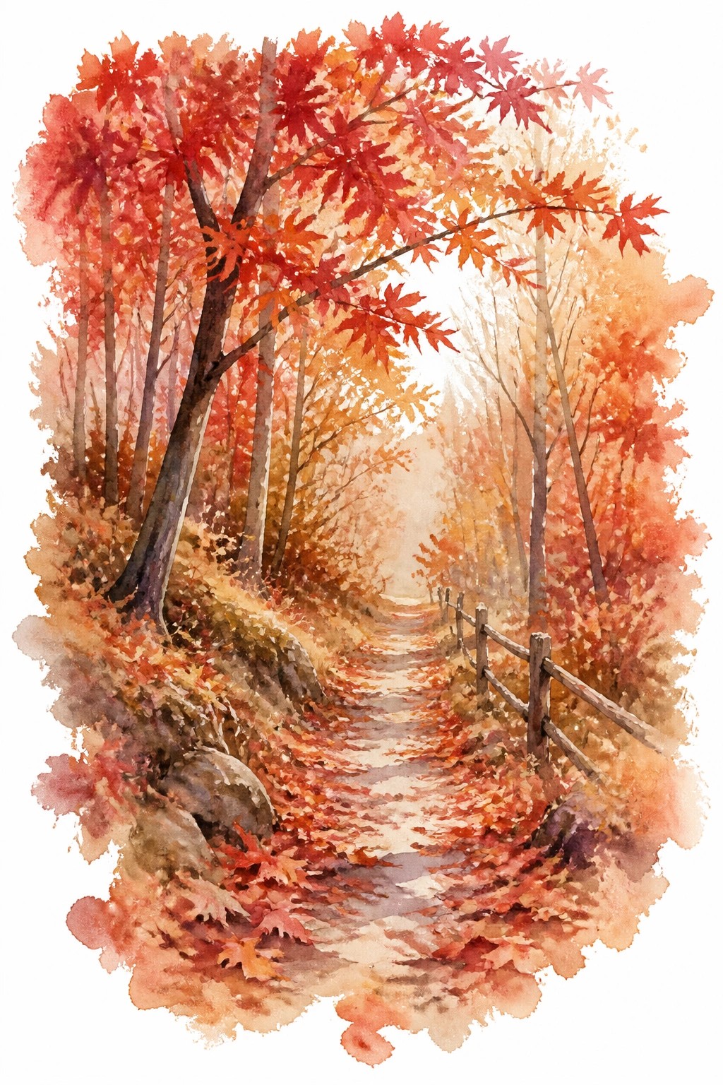 Watercolor painting of a leaf covered path in a red and orange autumn forest with trees and a wooden fence on the right side.