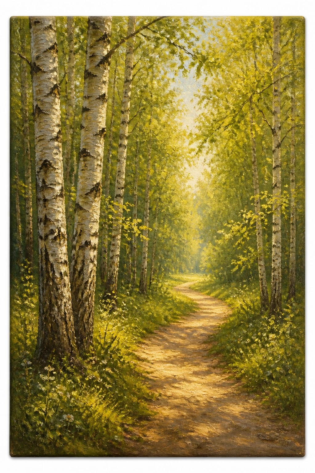 A sunlit dirt path winds through tall birch trees with white bark and green leaves while wildflowers grow along the edges.