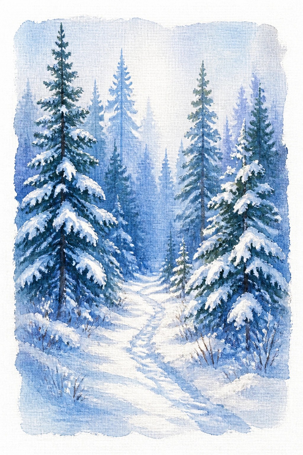 Watercolor artwork of a snow covered trail curving between snow laden pine trees under a hazy blue sky.