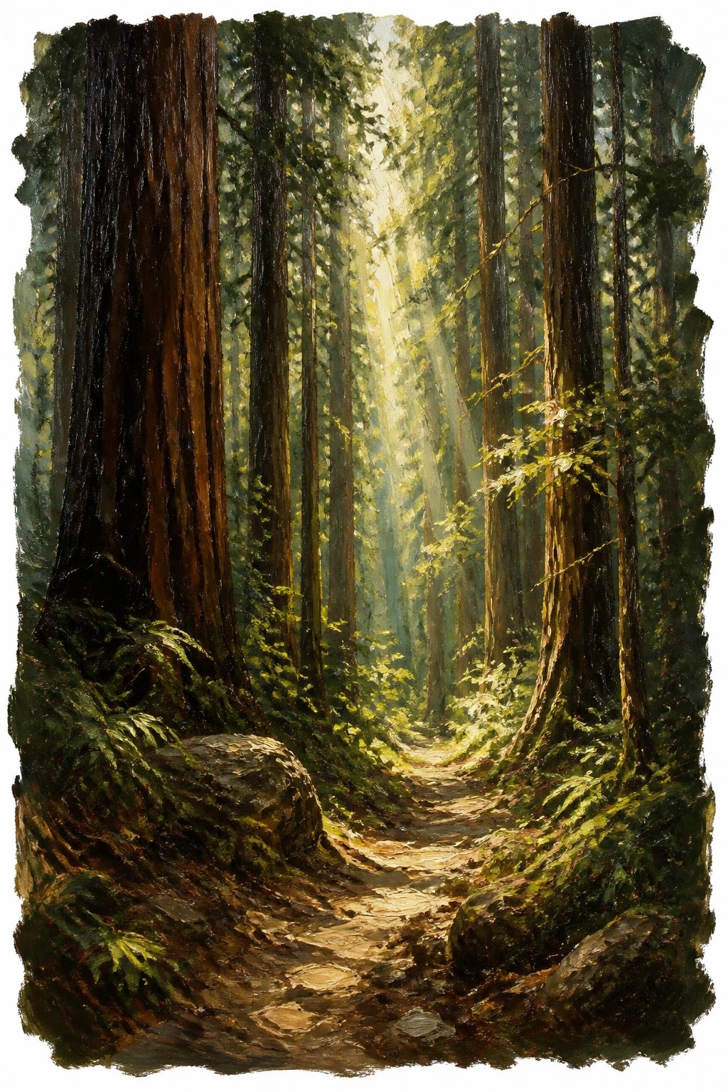 Oil painting of a forest path with tall trees sunlight rays and green mossy ground.