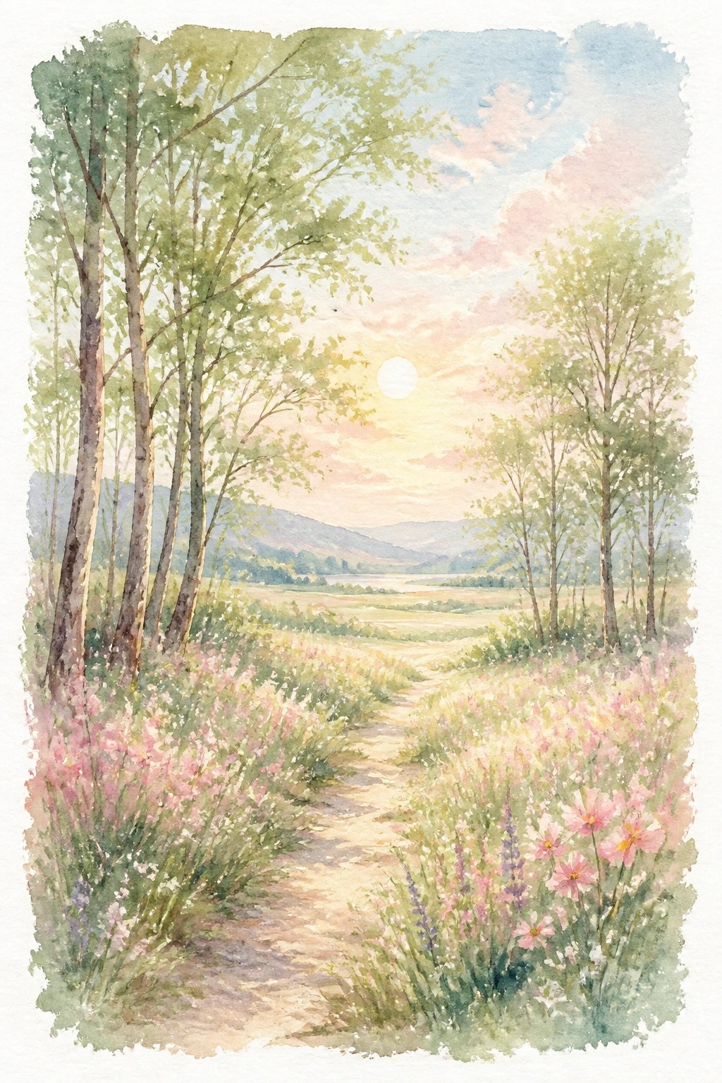 Watercolor landscape of a dirt path through pink wildflowers and trees leading toward a lake and mountains under a glowing sunset sky.