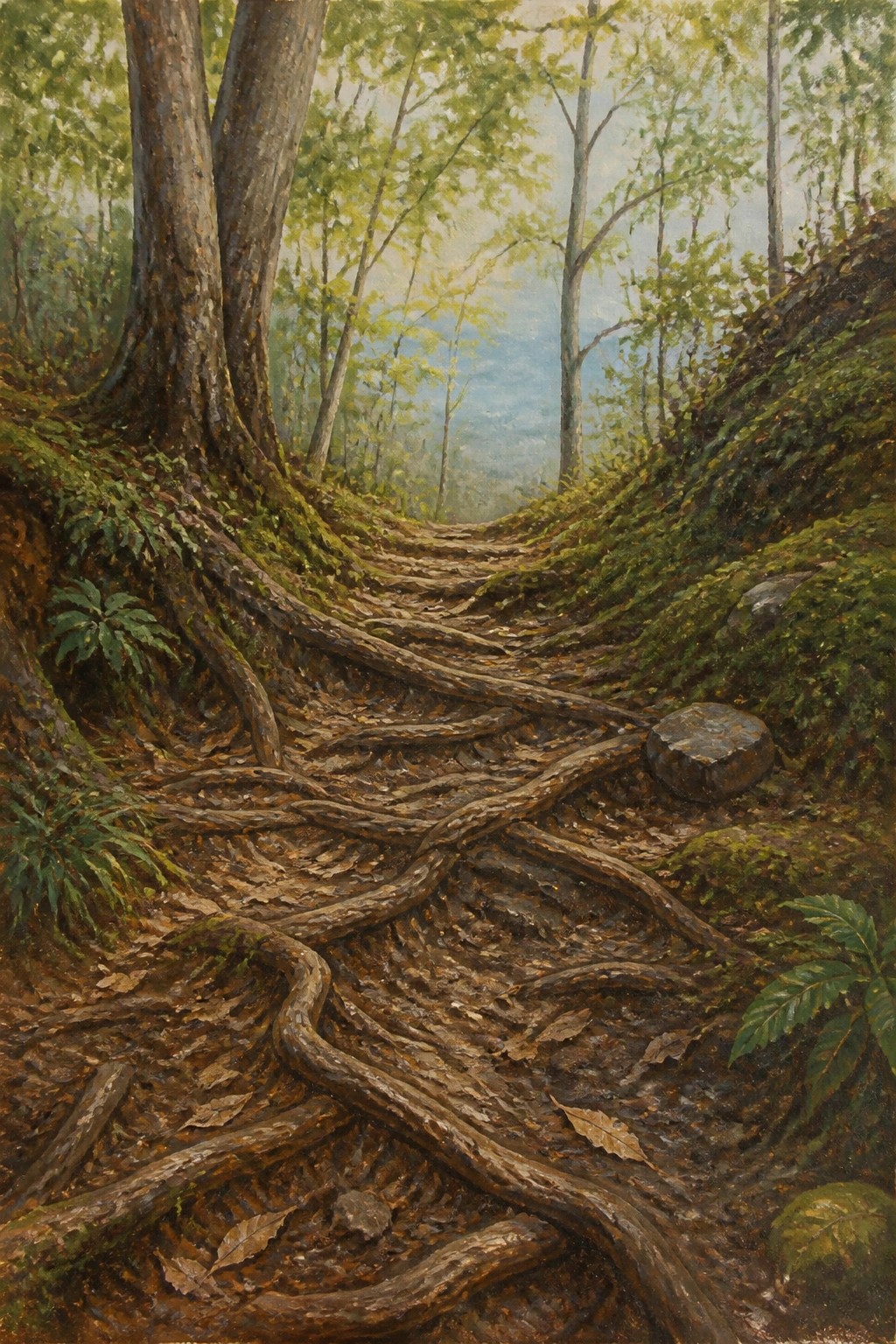 A realistic oil painting of a forest path blanketed in gnarled brown roots with green mossy slopes and tall trees leading toward a misty blue distance.