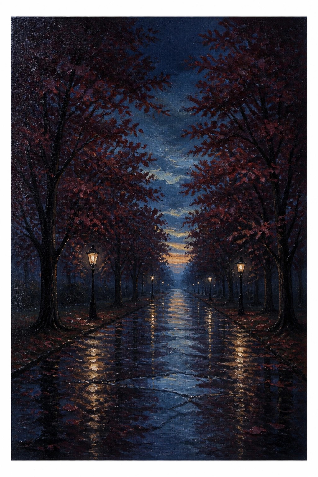 Oil painting of a wet tree lined pathway with red autumn leaves and glowing street lamps at twilight with reflections on the pavement.
