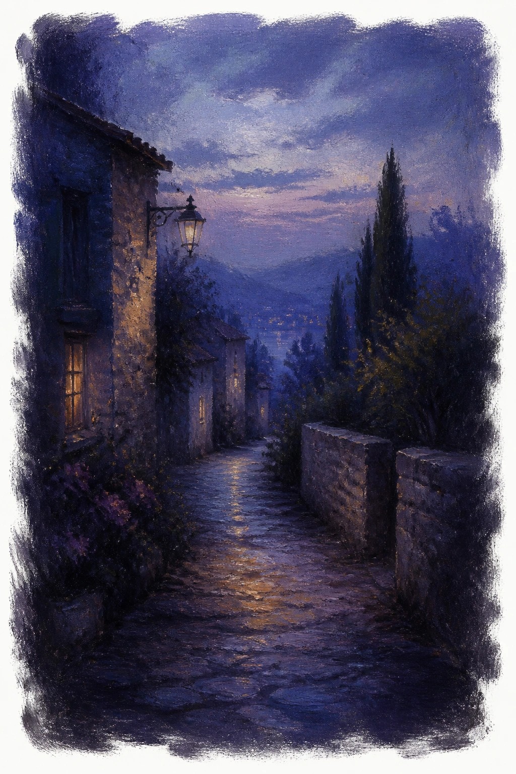 A twilight oil painting of a cobblestone village path with stone buildings, a glowing lantern, cypress trees, and a purple sky over mountains.