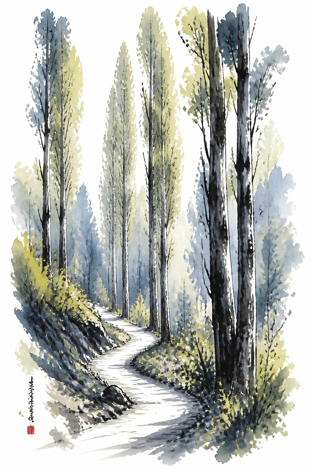 Watercolor painting of a winding light path through tall trees with green and blue foliage on a sloping forest hillside