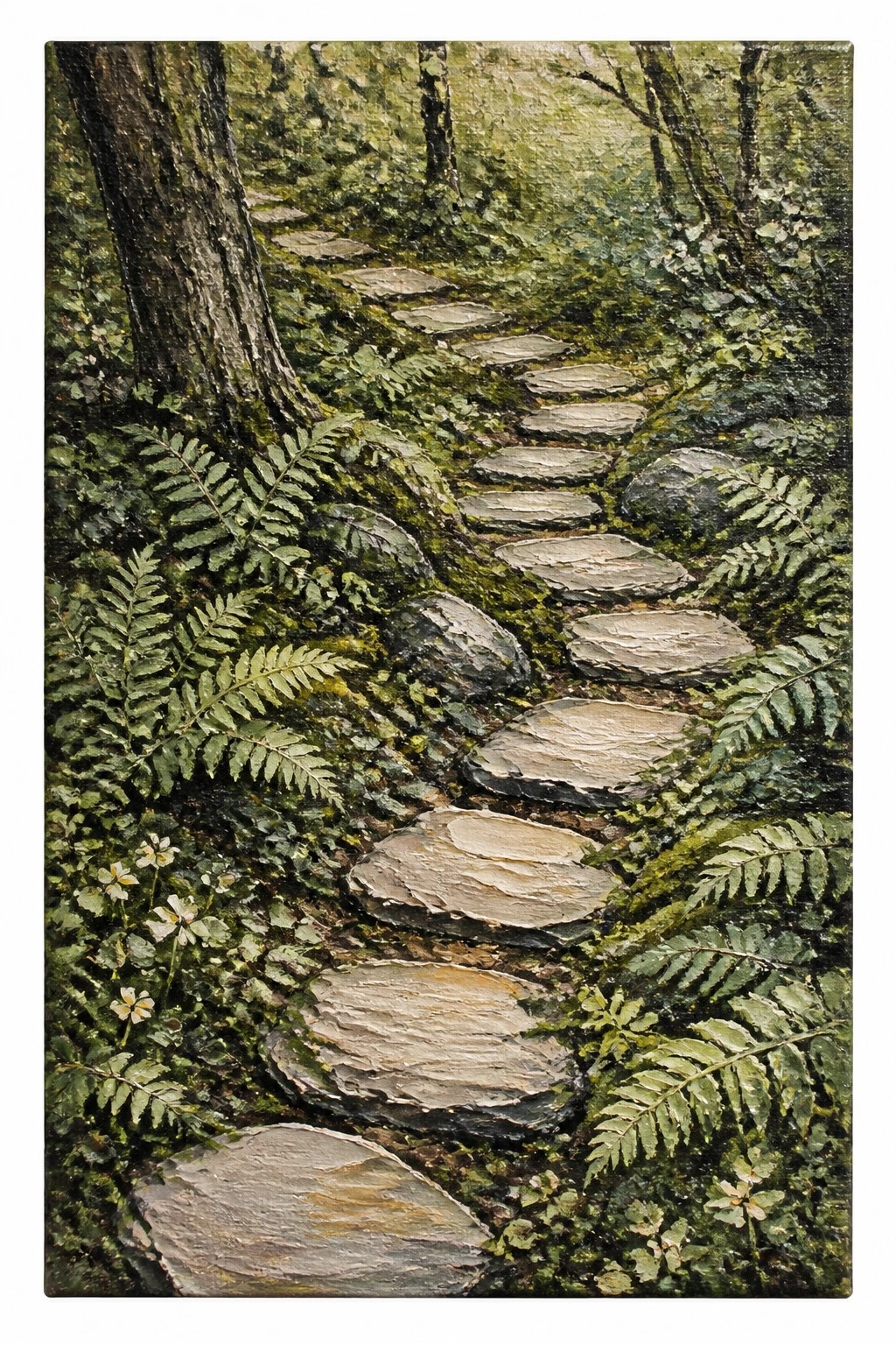 Oil painting of a stone stepping path ascending through a lush green forest filled with ferns trees and small white flowers.