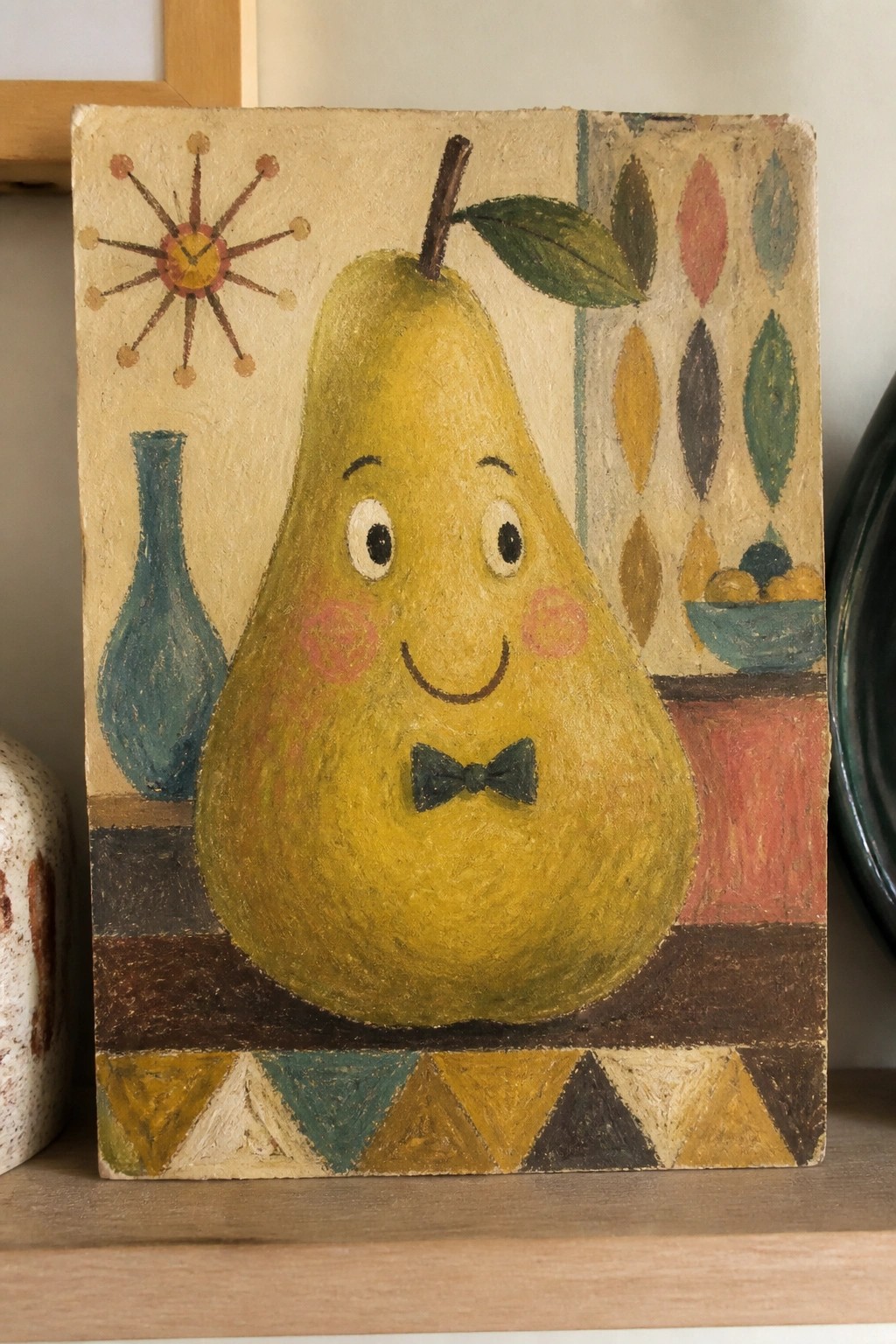 Smiling yellow pear with bow tie and rosy cheeks in colorful retro painting.