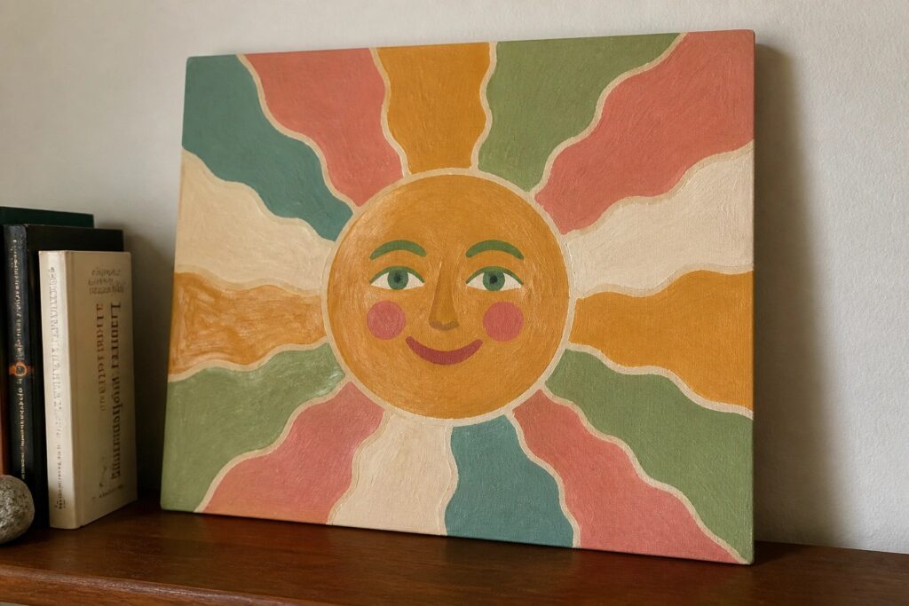 Colorful canvas of a smiling sun with wavy rays on wooden shelf above books