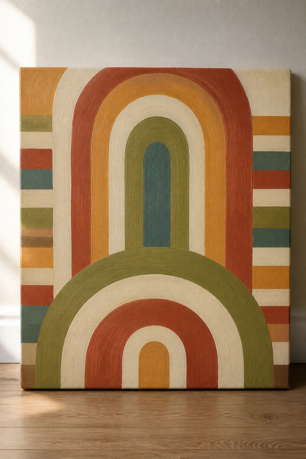 Square canvas with nested retro arches in orange, red, green, and cream tones plus striped borders on each side.