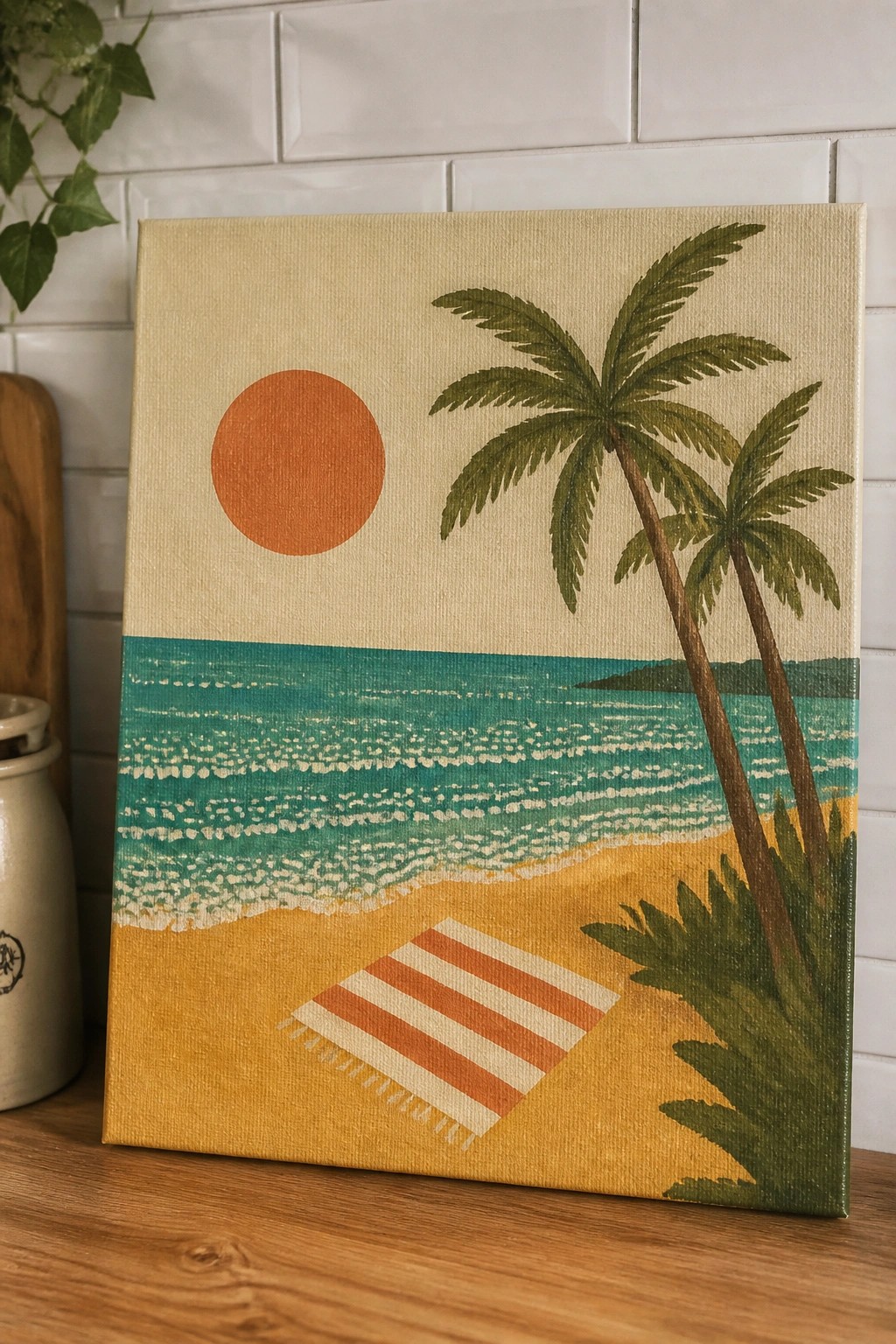 Canvas painting of beach with palm trees, orange sun, turquoise waves, and striped towel.