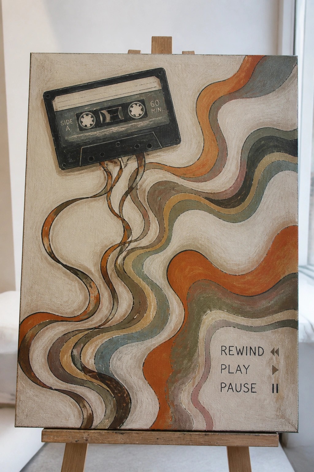 Painting on easel with cassette tape, flowing colorful waves, and rewind play pause text