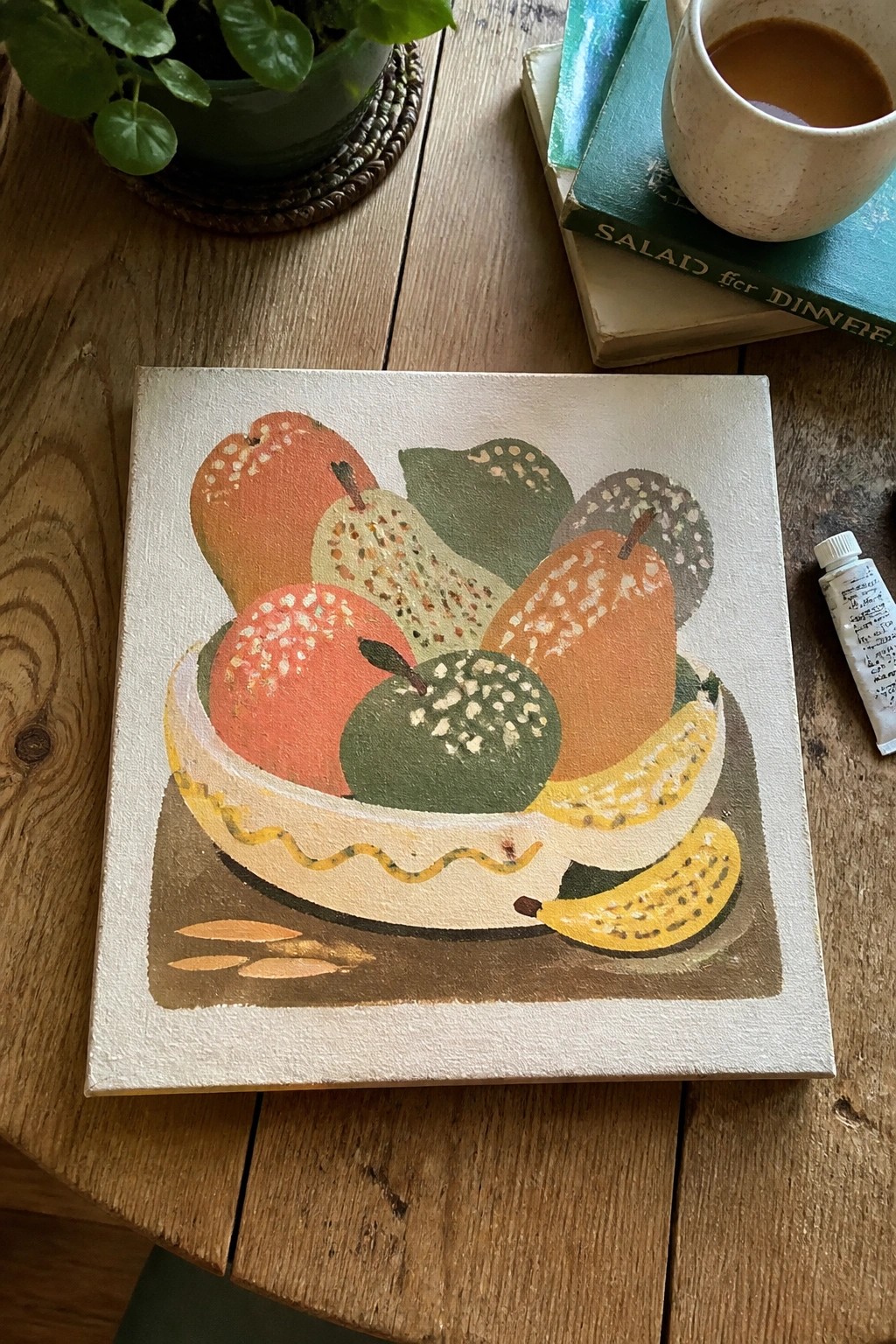 Stylized still life painting of fruit bowl with apples pears bananas on wooden table