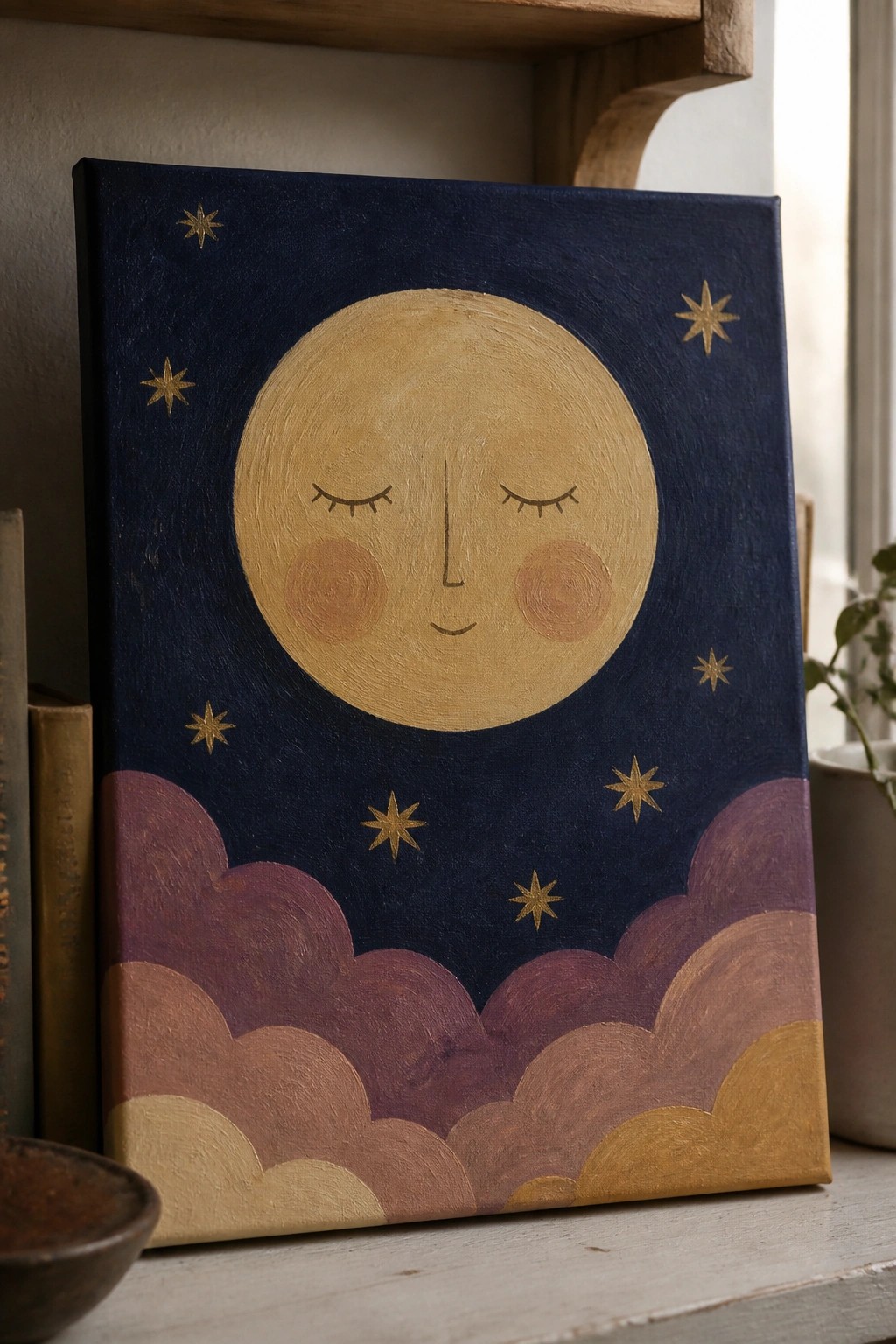 Canvas artwork of smiling moon with closed eyes amid golden stars and colorful clouds