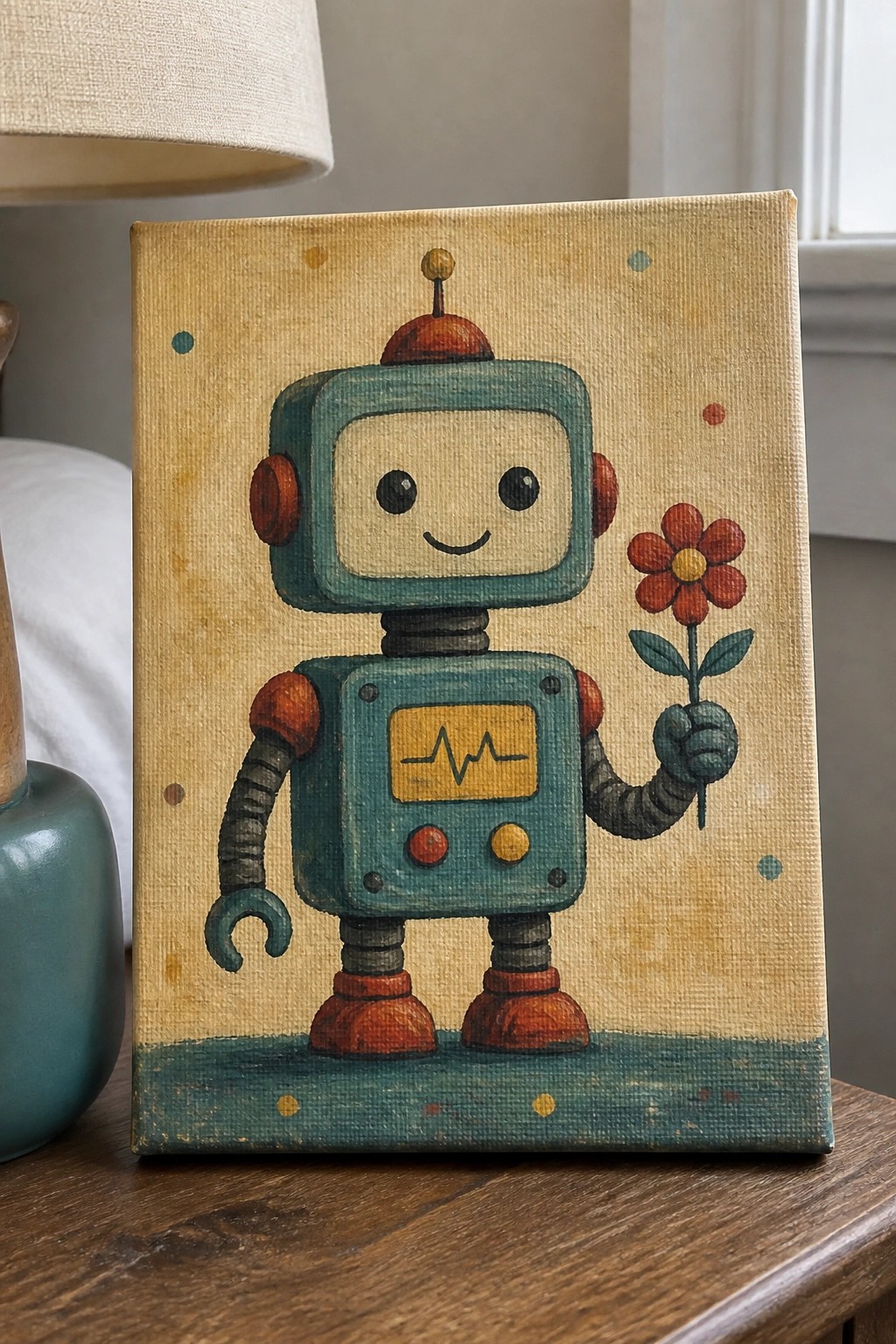 A canvas painting of a teal and orange retro robot holding a red flower on a yellow background.