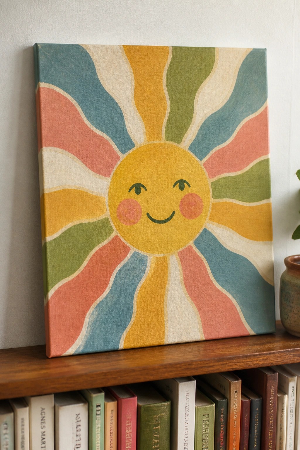Colorful canvas of a smiling sun with wavy rays on wooden shelf above books