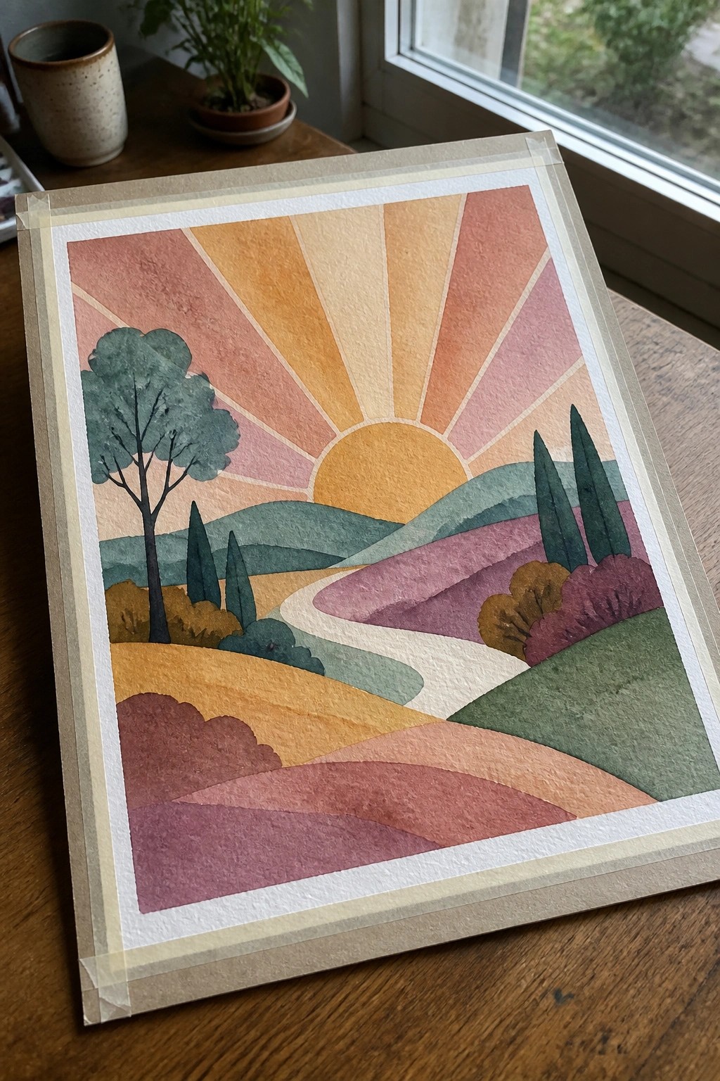 Watercolor landscape of sunset over rolling hills with trees, taped on wooden table