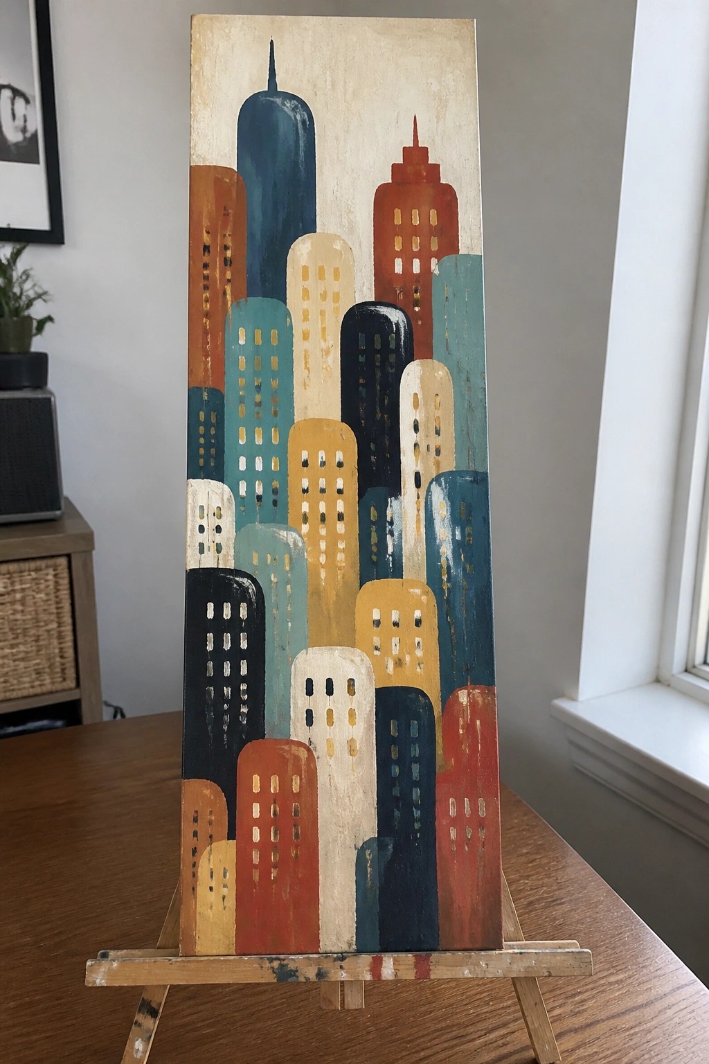 Abstract cityscape painting with colorful geometric buildings on wooden easel.
