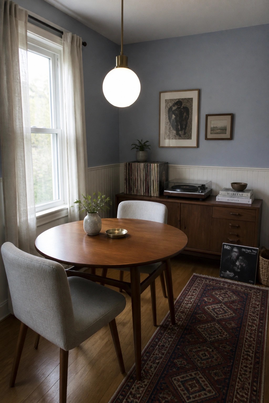 A small dining room with blue gray walls above white wainscoting and a round wooden table.