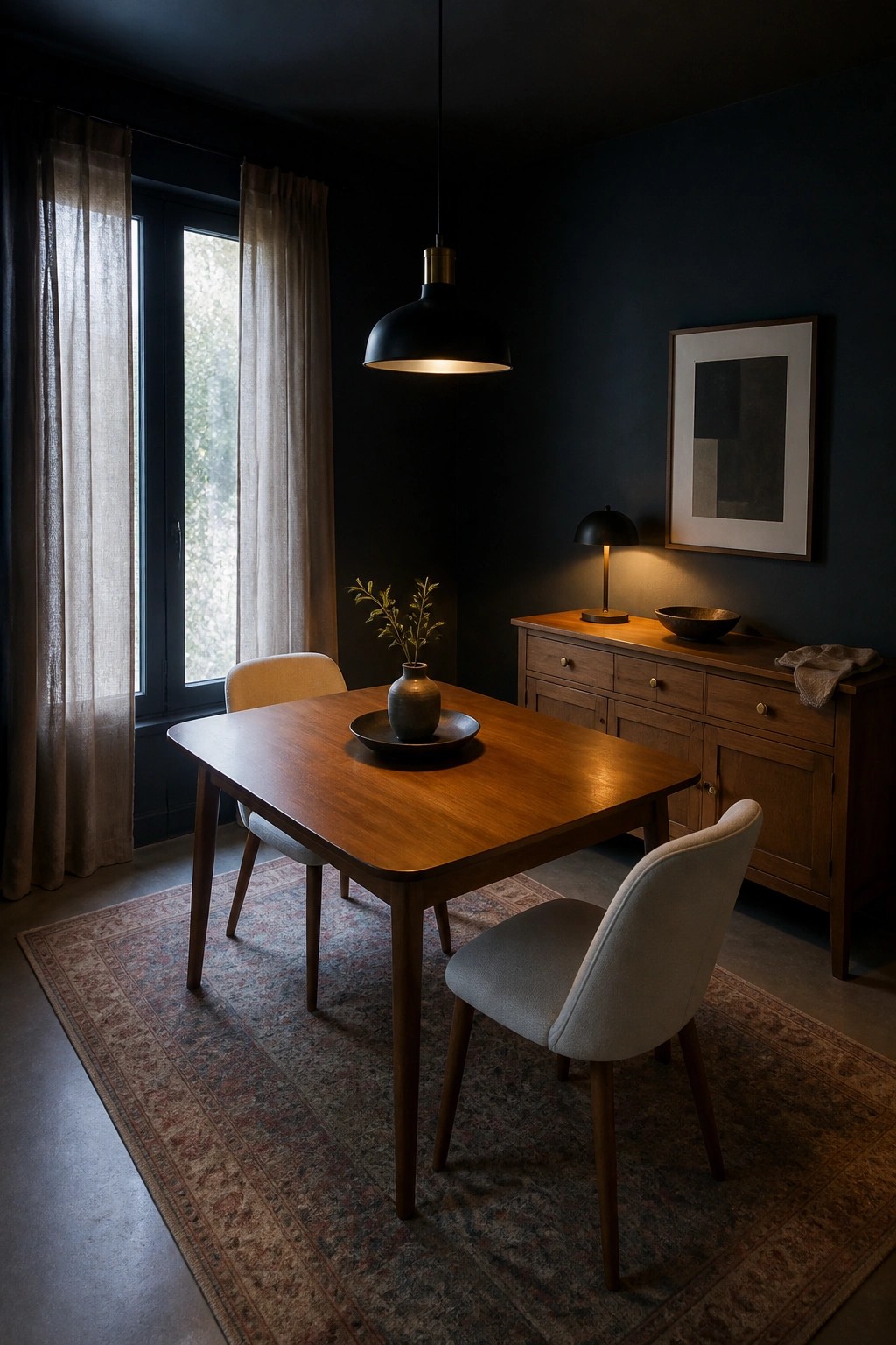 Modern dining room with dark walls, wooden table, chairs, rug, and pendant light.