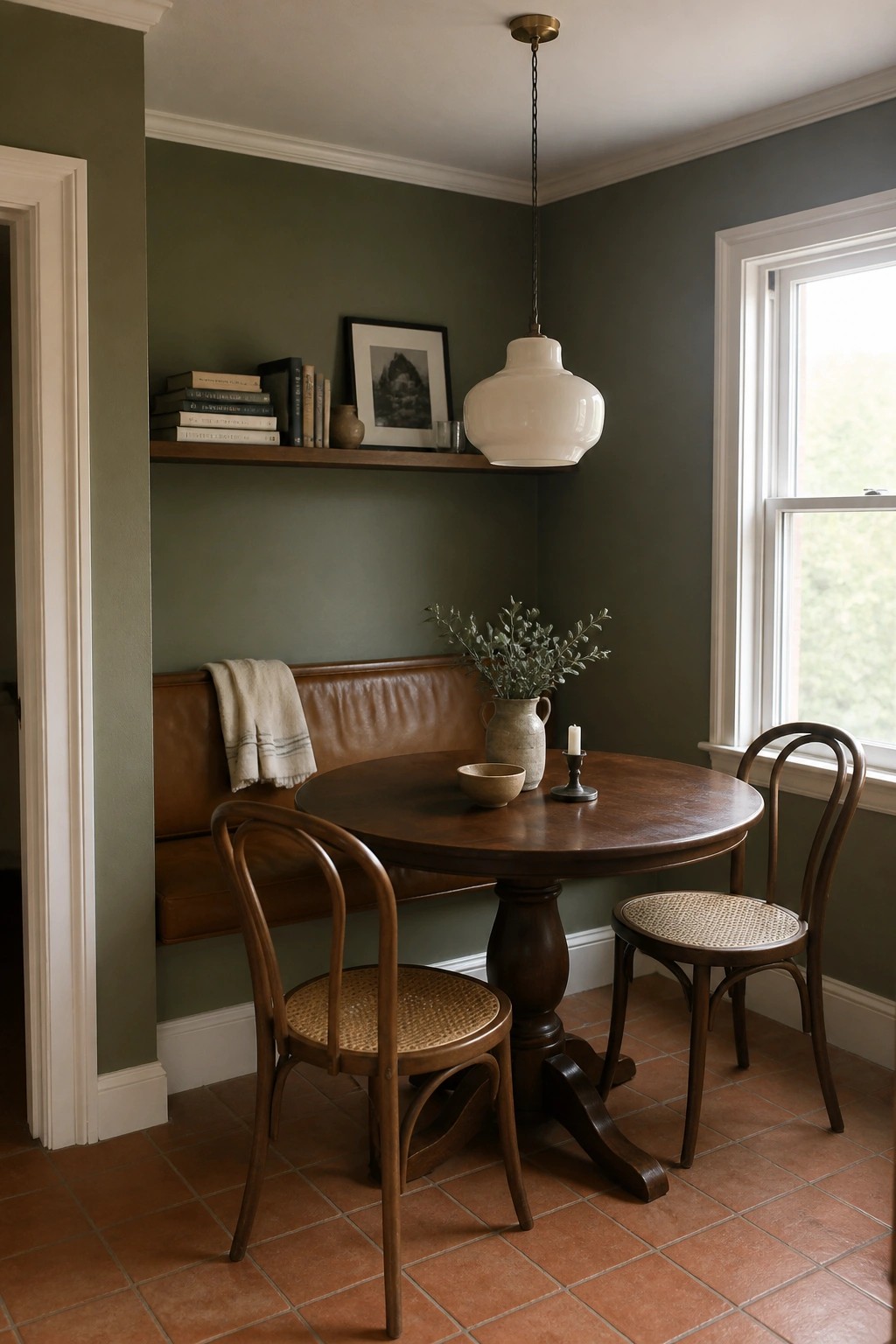 A small dining nook painted in deep olive green with a round wood table, leather bench, and terracotta floor.