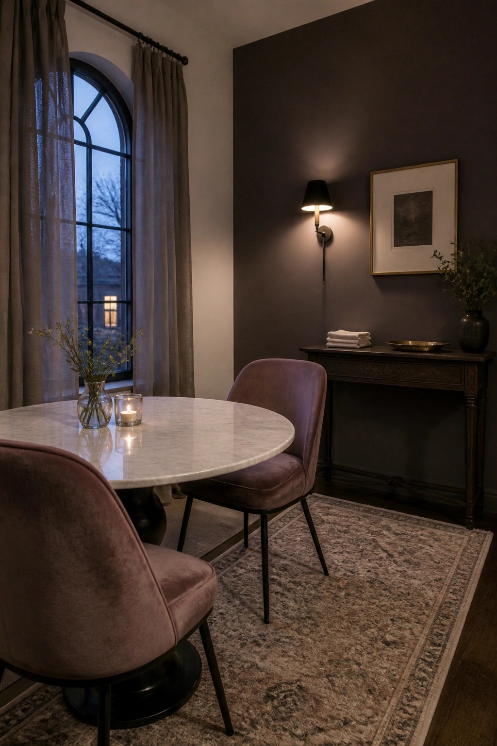 A small dining room with deep taupe walls, a marble table, and dark wood furniture.