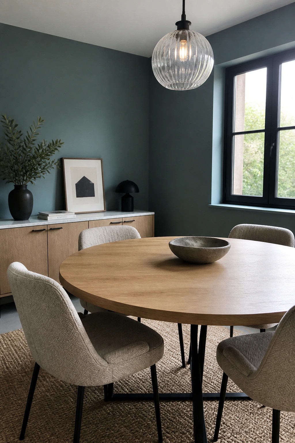 Deep teal walls surround a round wood dining table in a small room.