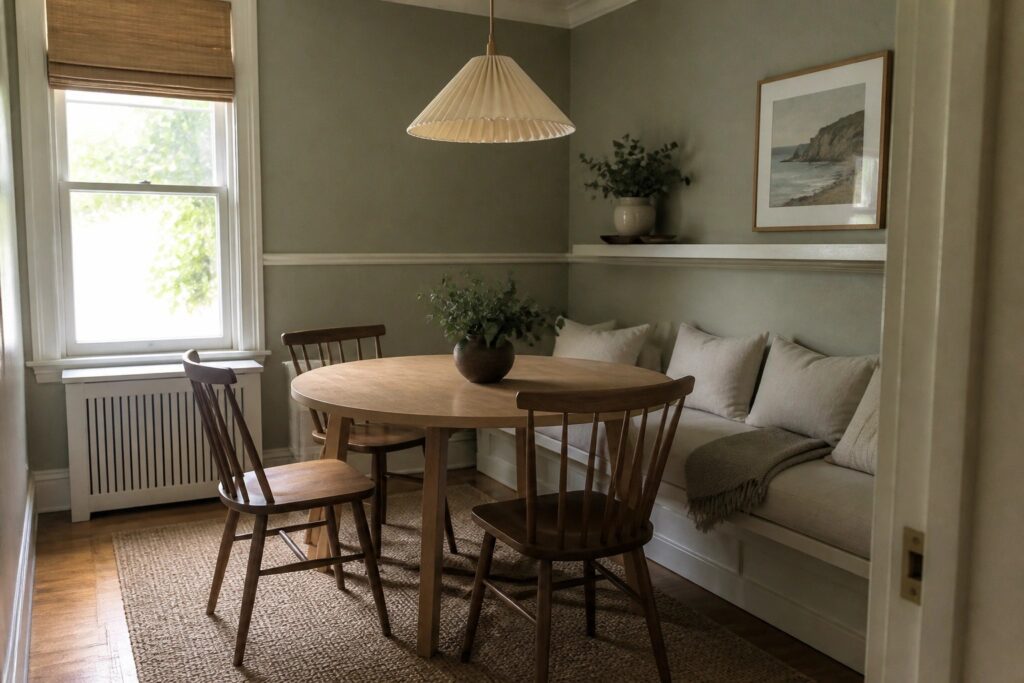 23 Refined Small Dining Room Paint Colors That Add Intimate Character Round wooden table with spindle chairs in sage green dining nook with jute rug