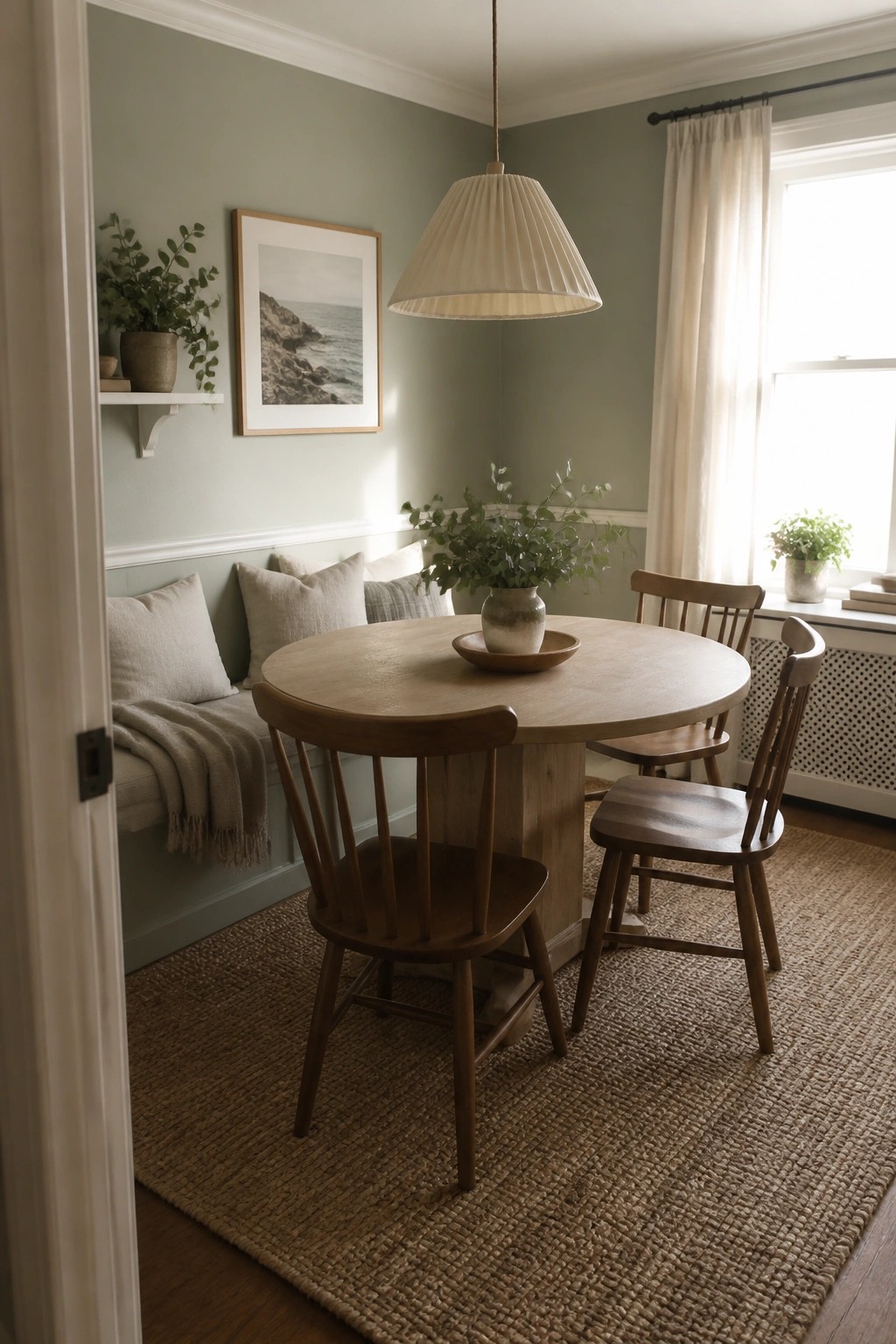 Round wooden table with spindle chairs in sage green dining nook with jute rug