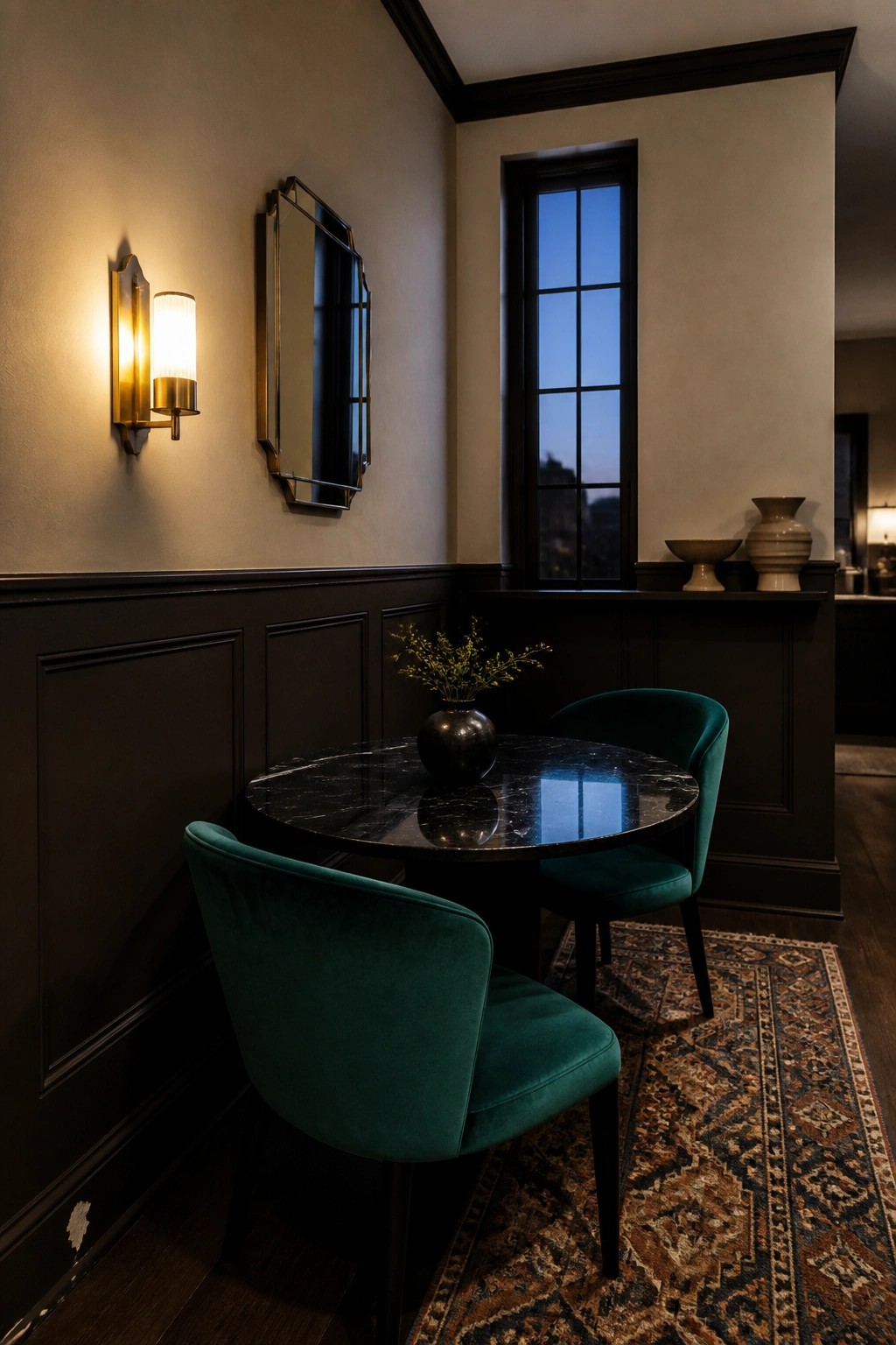 Warm greige paint on upper walls above dark wainscoting in a small dining area.