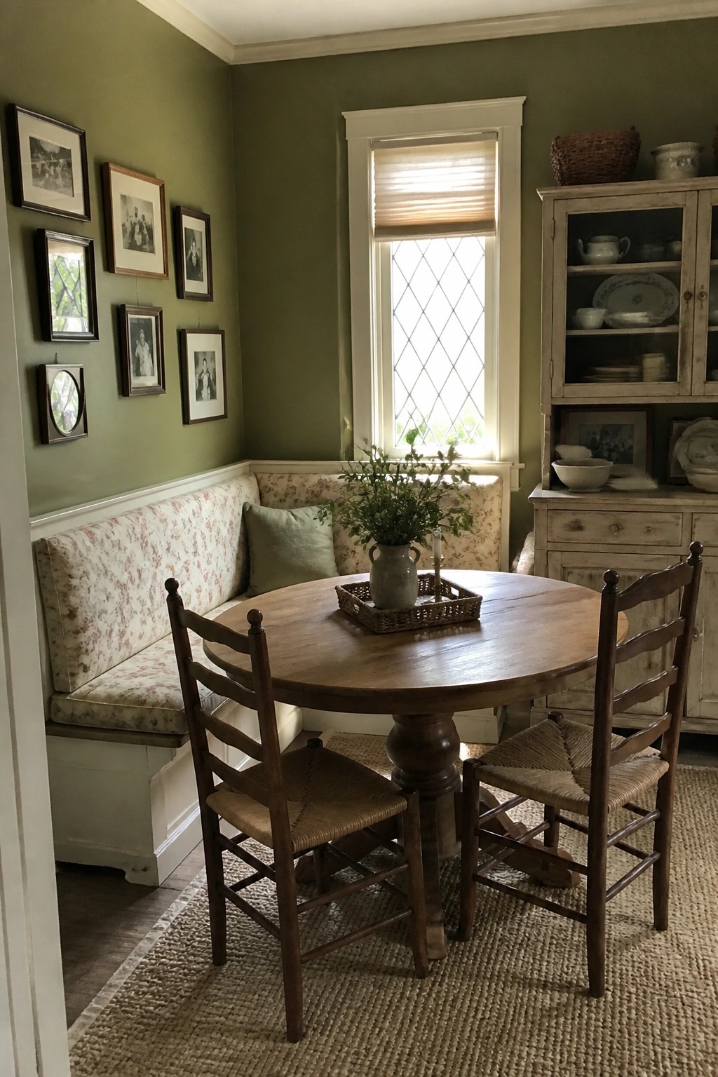 Round wooden table with chairs beside floral bench in green dining nook with framed art