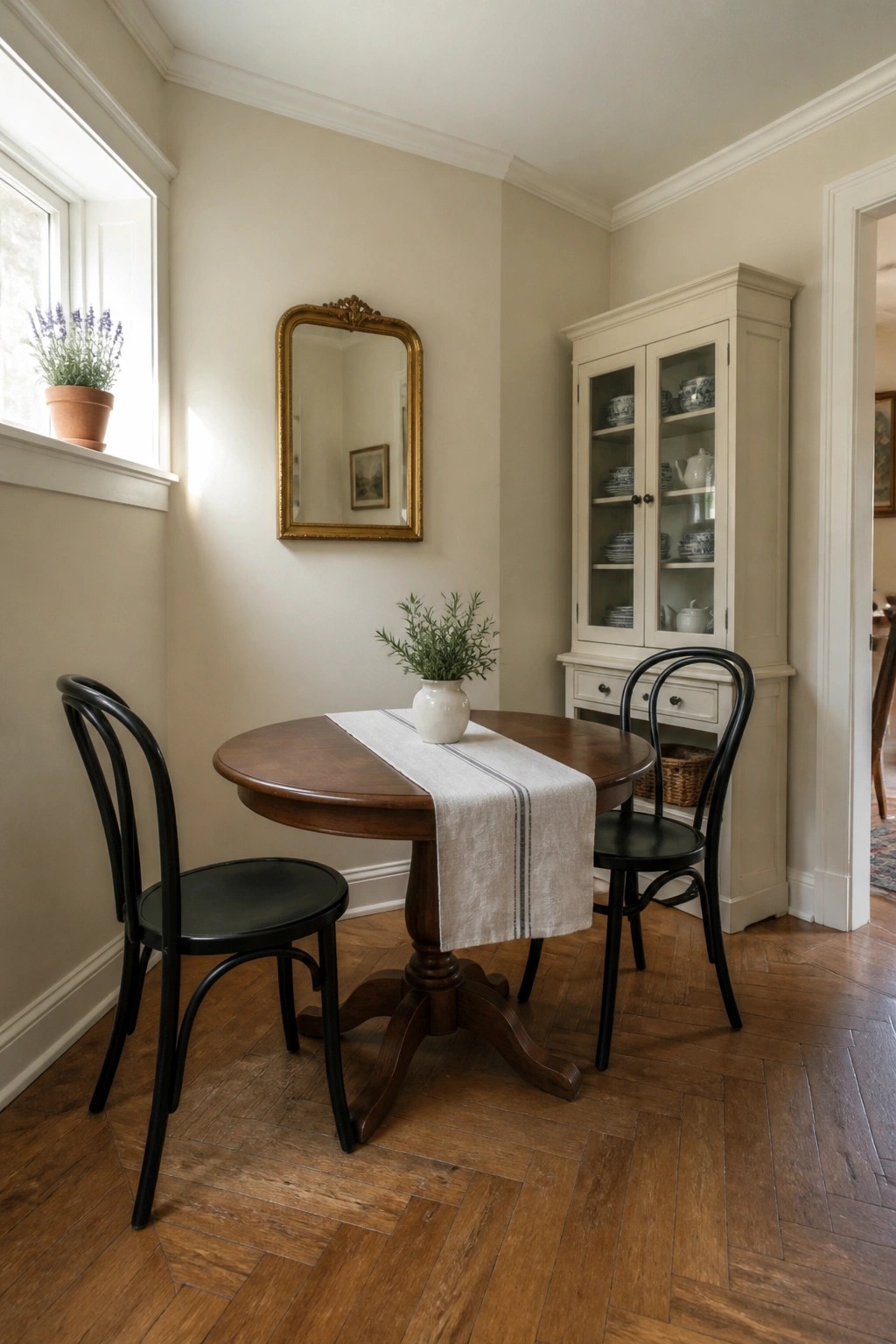Warm beige walls in a small dining room with a dark wood table and black chairs.