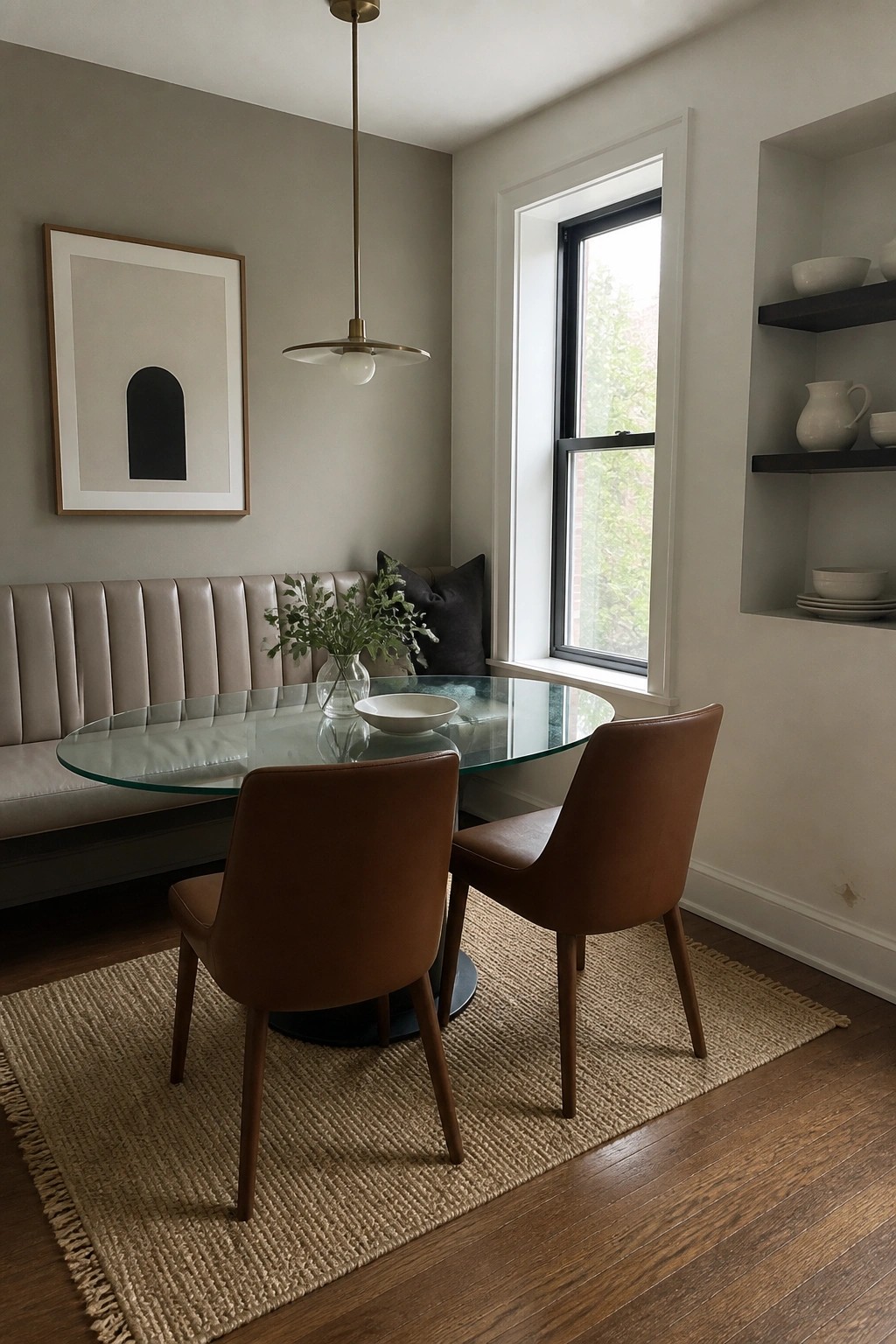 Round glass table with brown leather chairs, beige banquette, and pendant light.