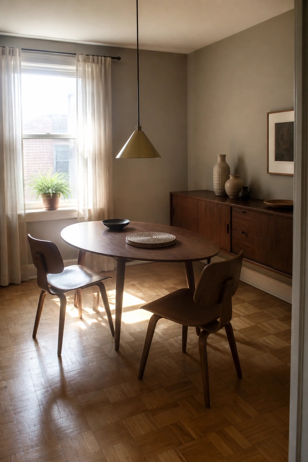 Muted taupe walls in a small dining room with a round wood table and two chairs.