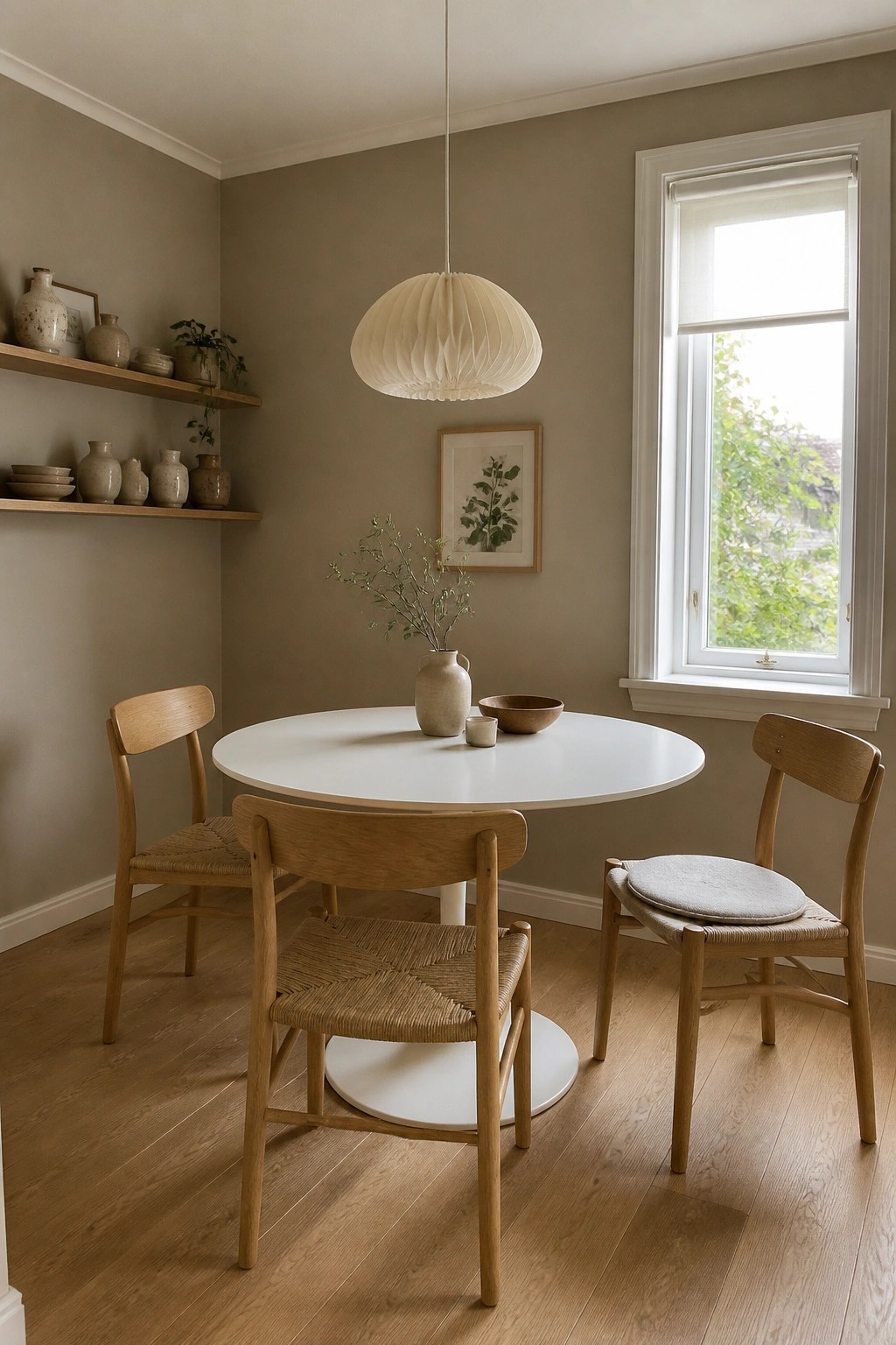 Warm taupe walls in a small dining room with a round white table and light wood chairs.