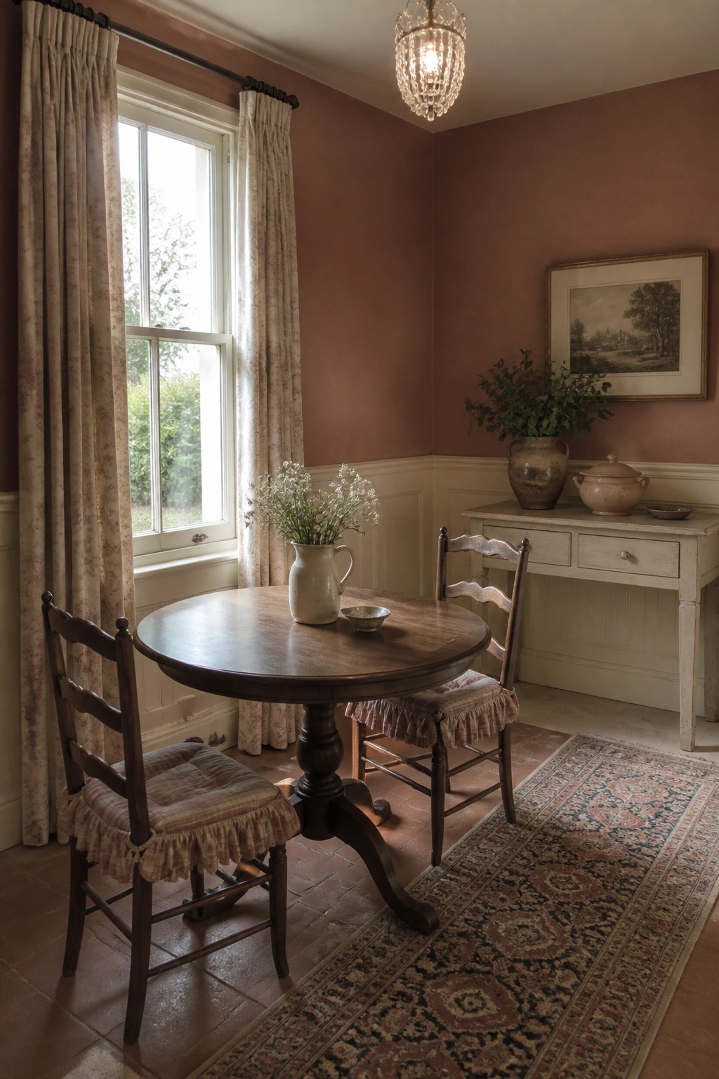 Round wooden table with flower vase, cushioned chairs, patterned rug, and crystal chandelier in terracotta room.