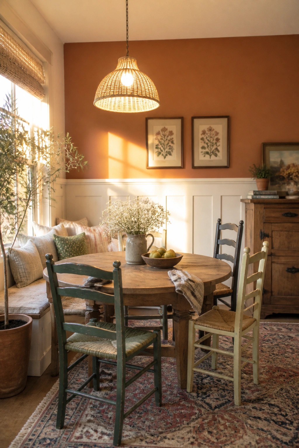 Rustic dining nook with round wooden table, mismatched chairs, and woven pendant light