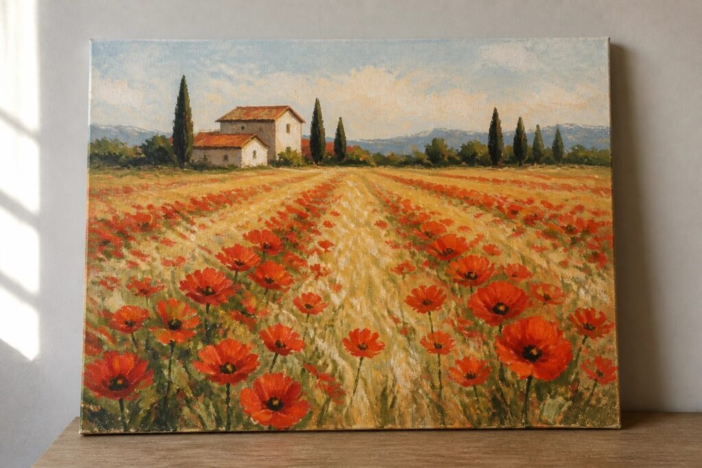 Red poppies bloom across a field toward a farmhouse with cypress trees and hills.