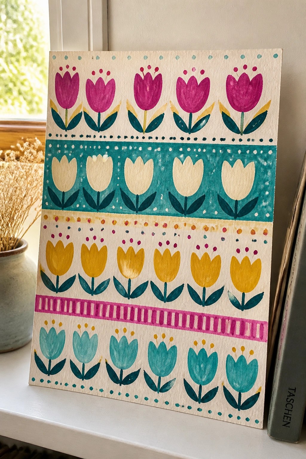 Folk art tulip painting with colorful rows and decorative borders on windowsill