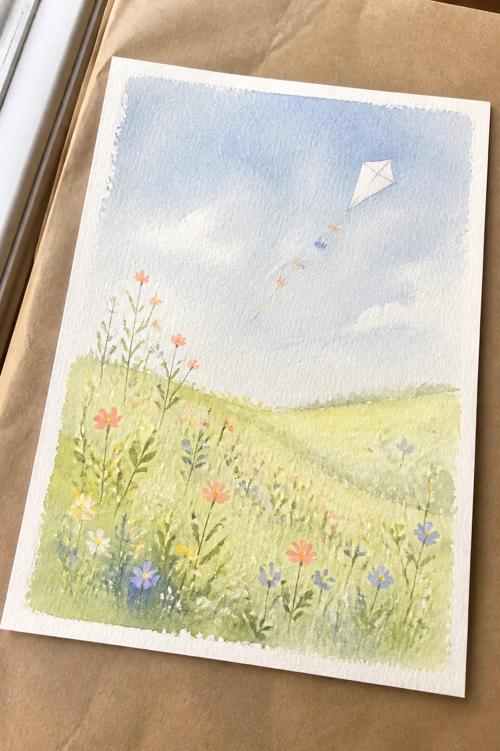 Watercolor painting of white kite flying over green meadow with colorful wildflowers