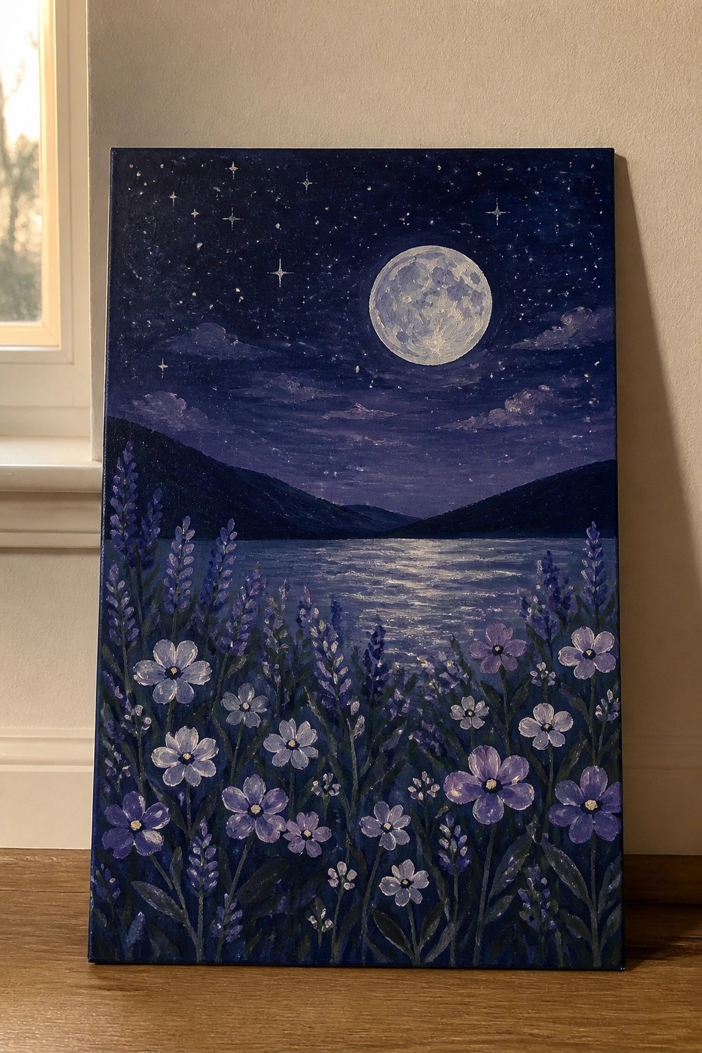 Night landscape painting with full moon, stars, lake, hills and purple flowers